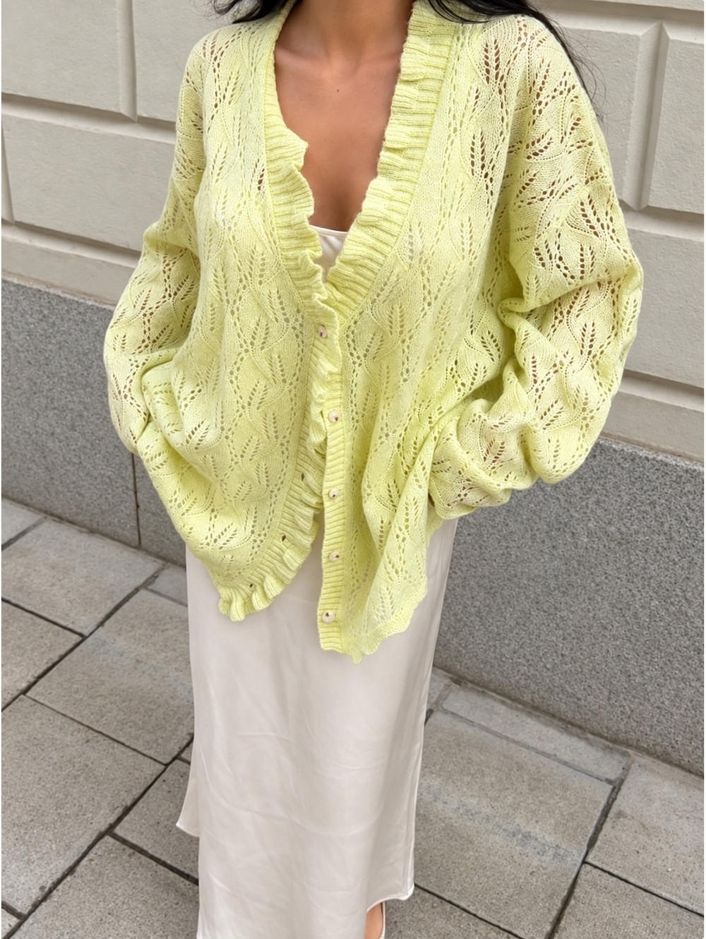 NWT Rumored Carmel By the Sea Cardigan Limon Yellow Pointelle Knit Size M